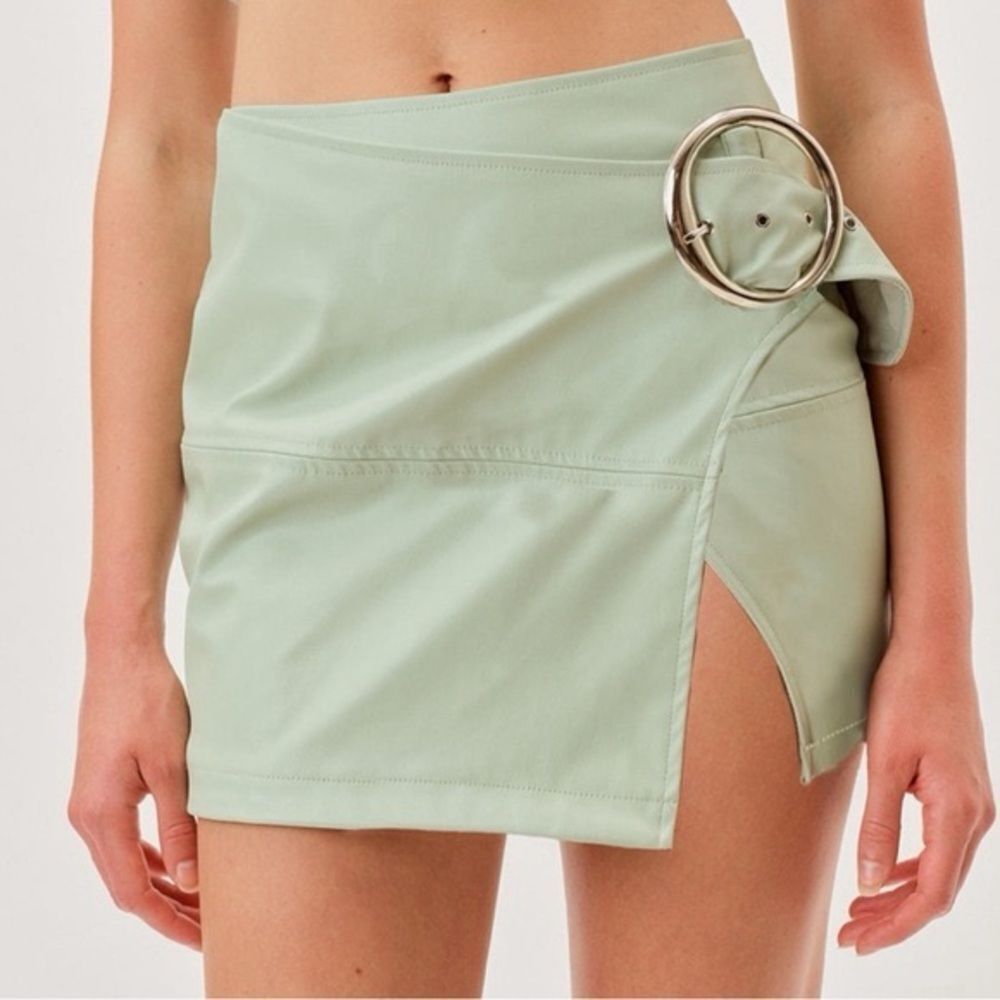 For Love & Lemons Talia Mini Skirt in Green Vegan Faux Leather- Size Small